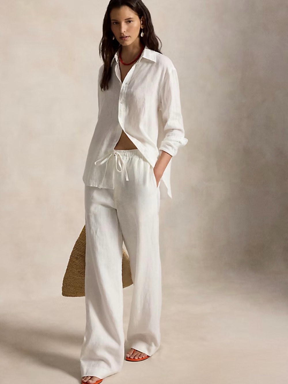 NWOT Polo Ralph Lauren White Linen Drawstring Wide Leg Pants XL
